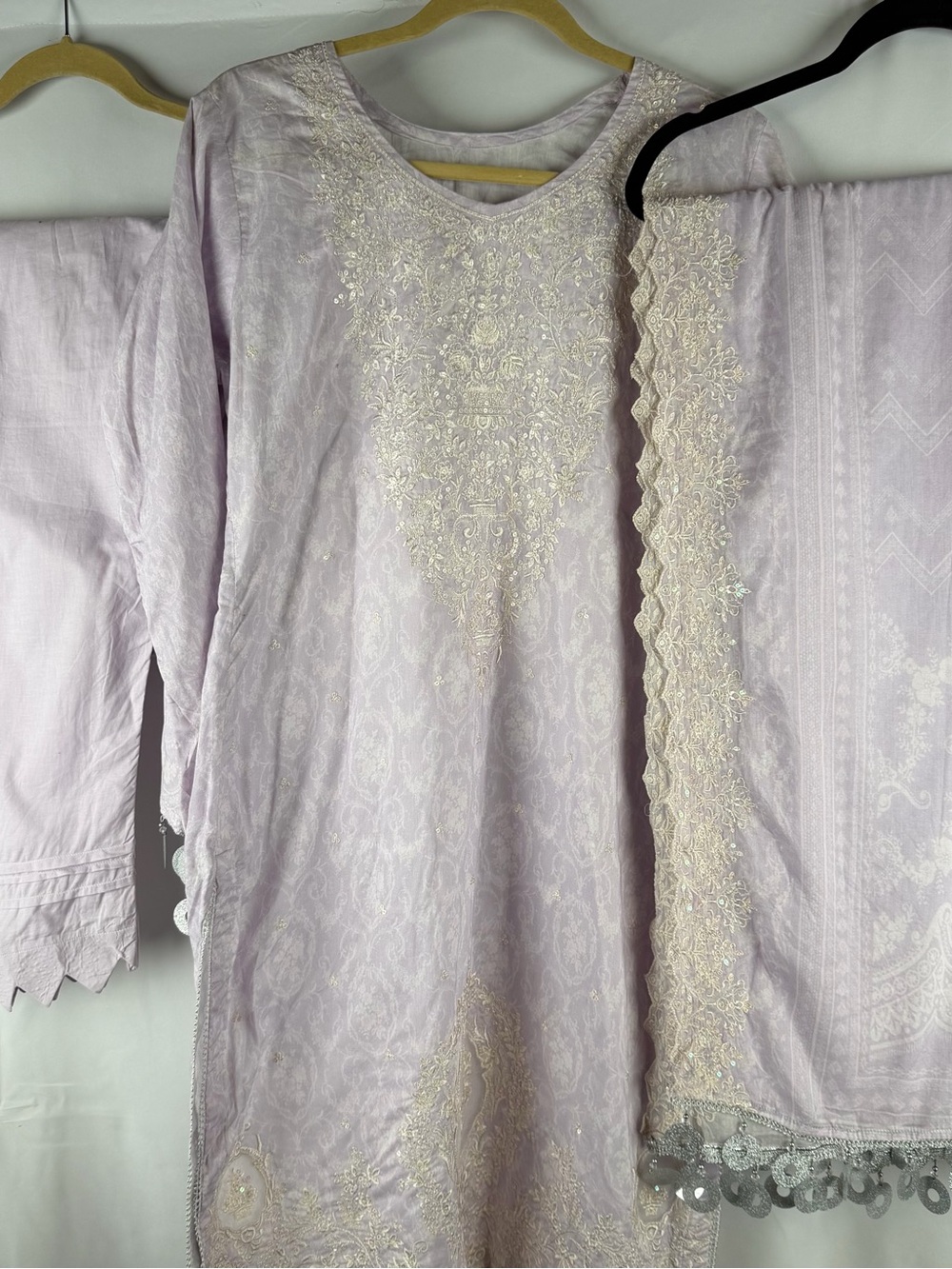 Embroidered Pastel Lavender Traditional Dress with Scalloped Dupatta